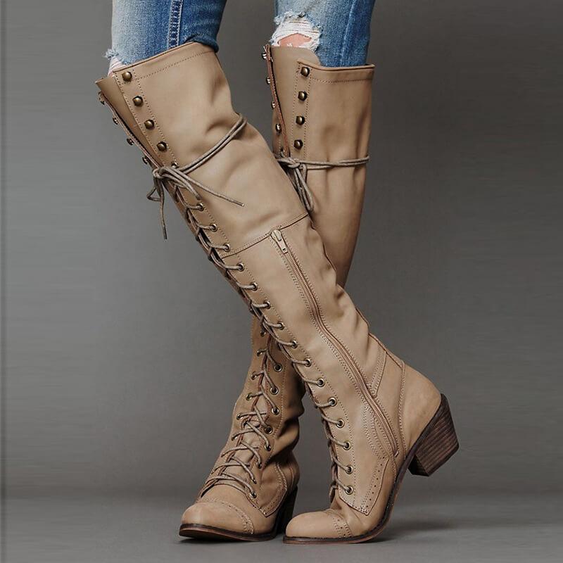 GOOSHOE Lace Up Low Chunky Heel Over the Knee Boots