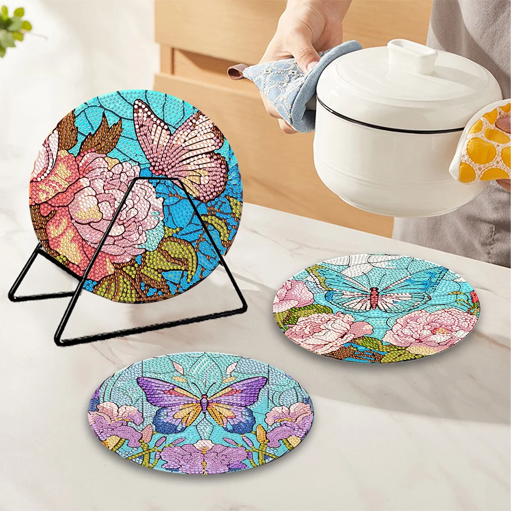 4pcs DIY Flower Butterfly Acrylic Diamond Painted Placemats Eco-Friendly Placemat