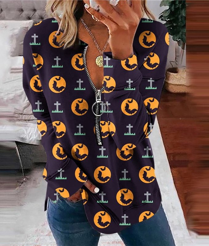 Halloween Half-zip Pumpkin Bats Printed Casual Long-sleeved T-shirt