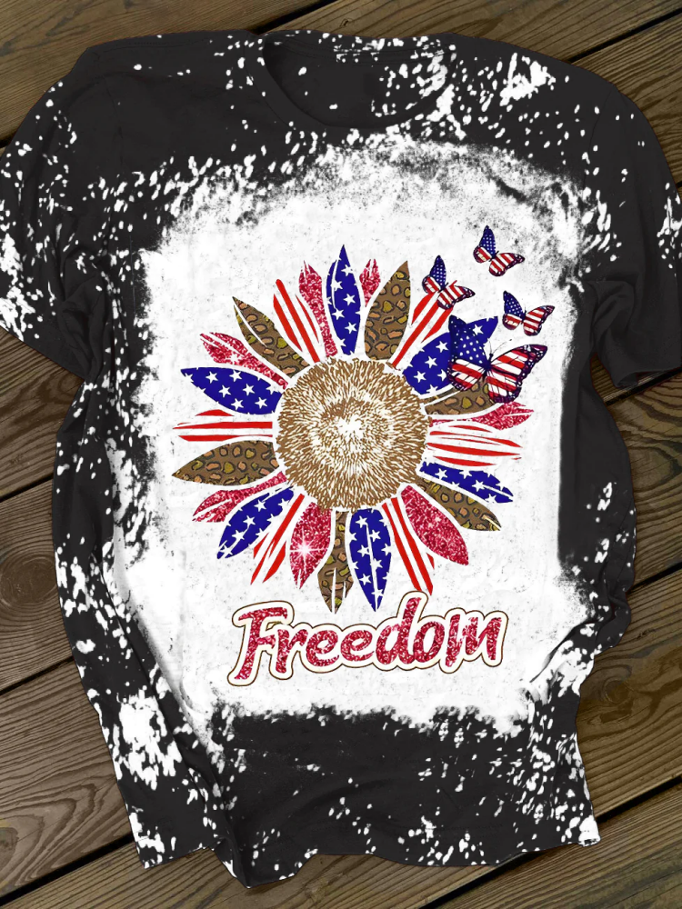 Comstylish Freedom Sunflower Butterfly Glitter Print Crew T-Shirt