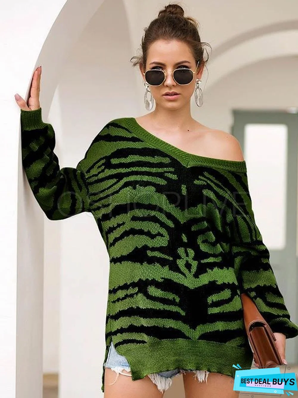 Printed Slit Long Sleeve V-Neck Sweater