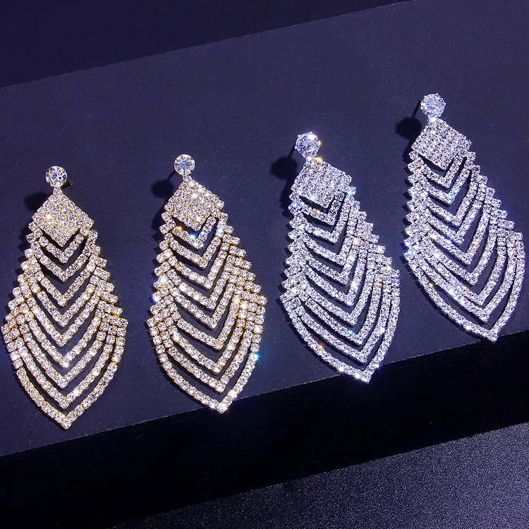 Fashion Glitter Rhinestone Rhombus Leaves Shaped Earrings