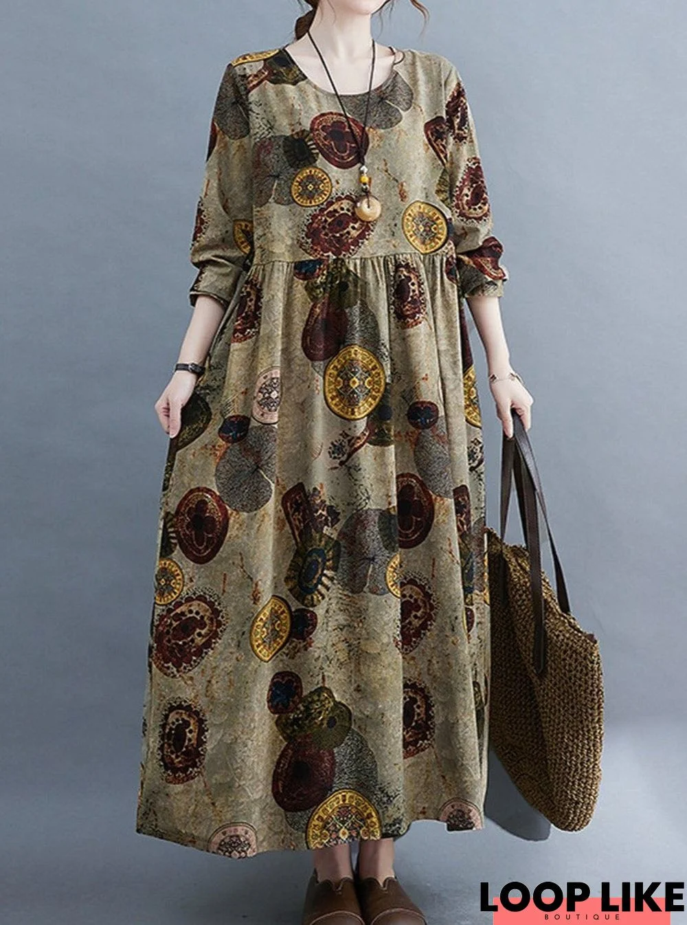 Vintage Print Loose Round Neck Long Sleeve Dress