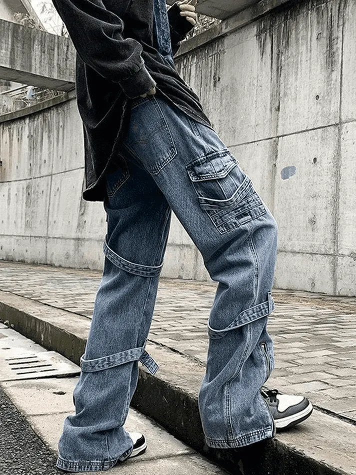 Brownm Men's Strap Detail Vintage Cargo Jeans