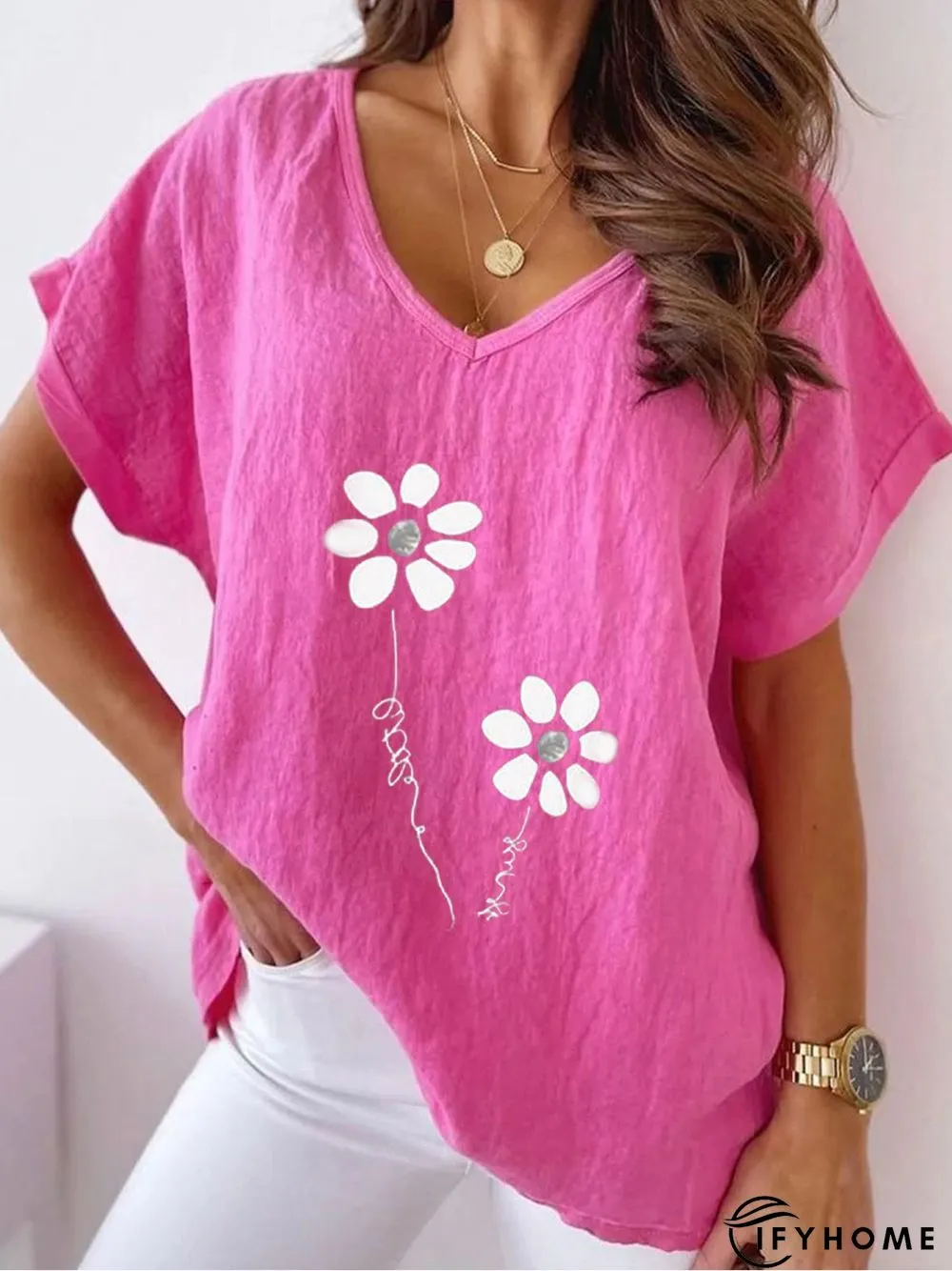 Casual Floral V Neck Loosen Short Sleeve Top | IFYHOME