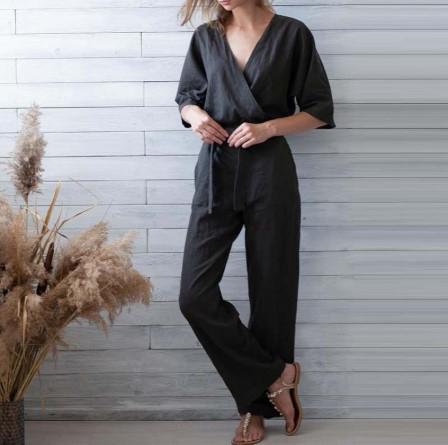 Rotimia Casual V-Neck Belted Jumpsuit