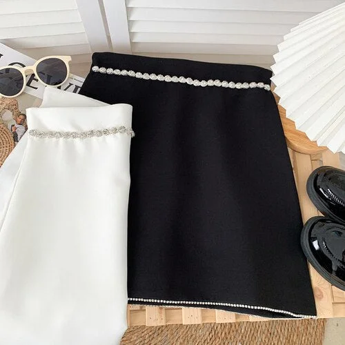 Temperament versatile solid color Skirt diamonds chain decoration high waist short A-line Skirt  New Summer Women