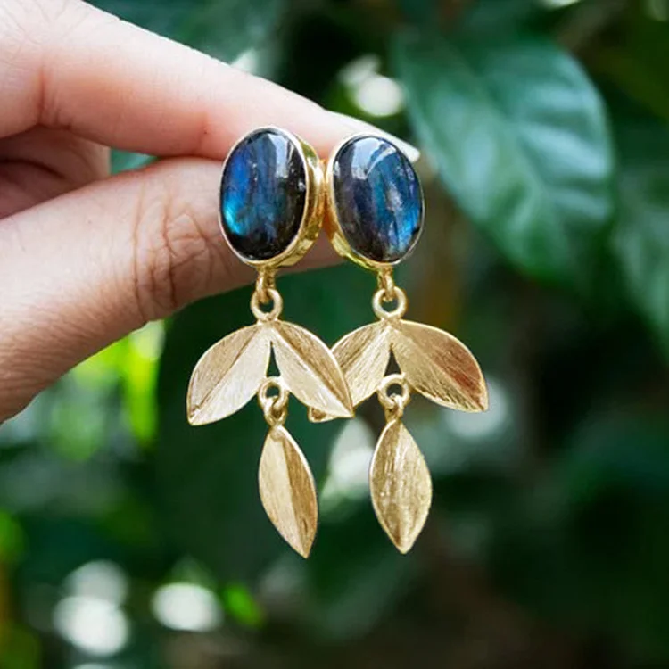 Vintage Gold Leaf Deep Blue Moonstone Earrings