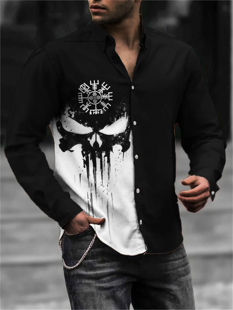 BrosWear Men's Viking Vegvisir Skull Contrast Color Shirt