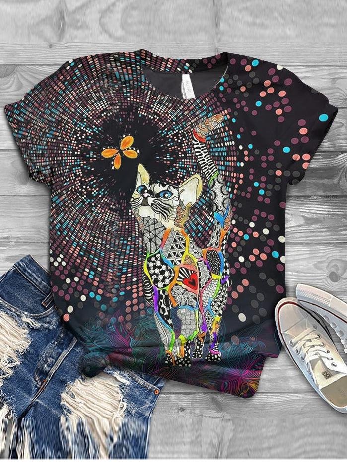 Cats And Floral Print Short Sleeves Casual T-shirt