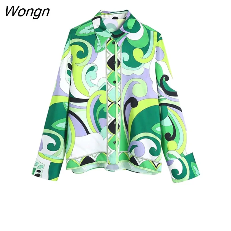 Wongn 2023 Summer Women 2PCS Print Blouses+Skirts Set New Turn Down Collar Long Sleeve Tops High Waist Dress Girl Outfits