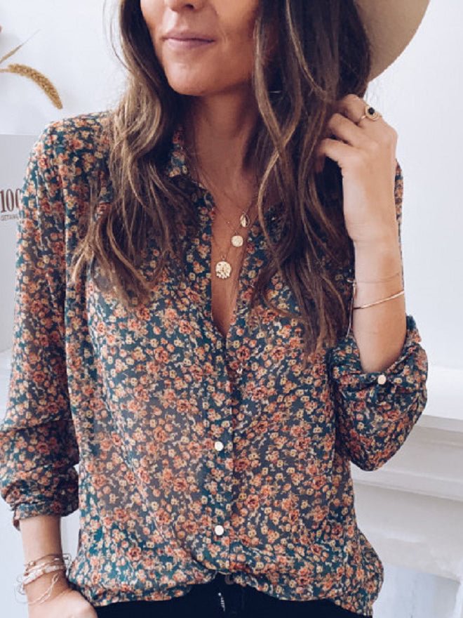 Long-sleeved floral chiffon digital printed women's top shirt