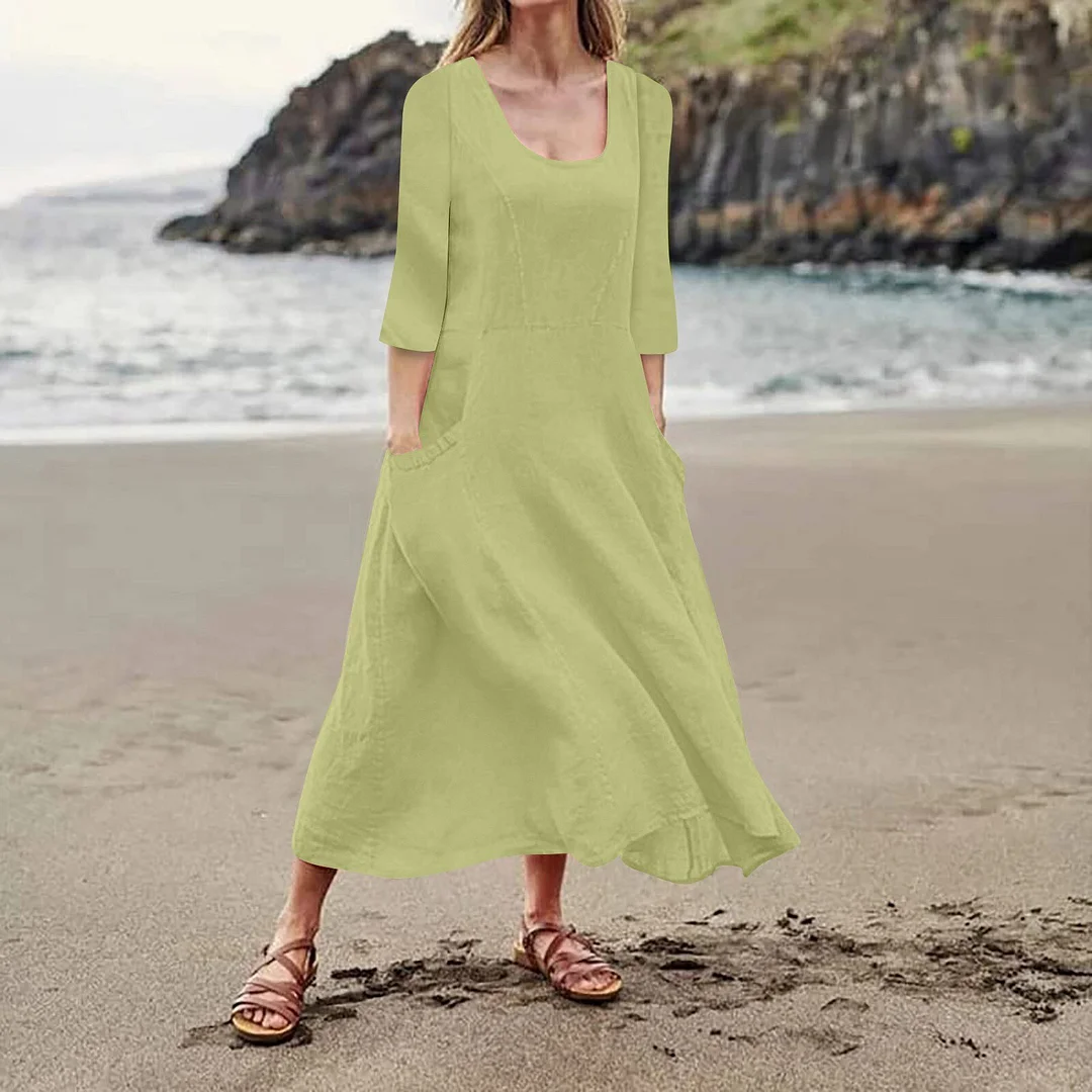 Elegant Long Dress Sundress Women Summer   Solid 3/4 Long Sleeve Midi Dress Female Causal Pocket Loose Dresses Robe