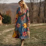Women's Vintage Geometric Rose Patch Design V-neck Dress - Image 3