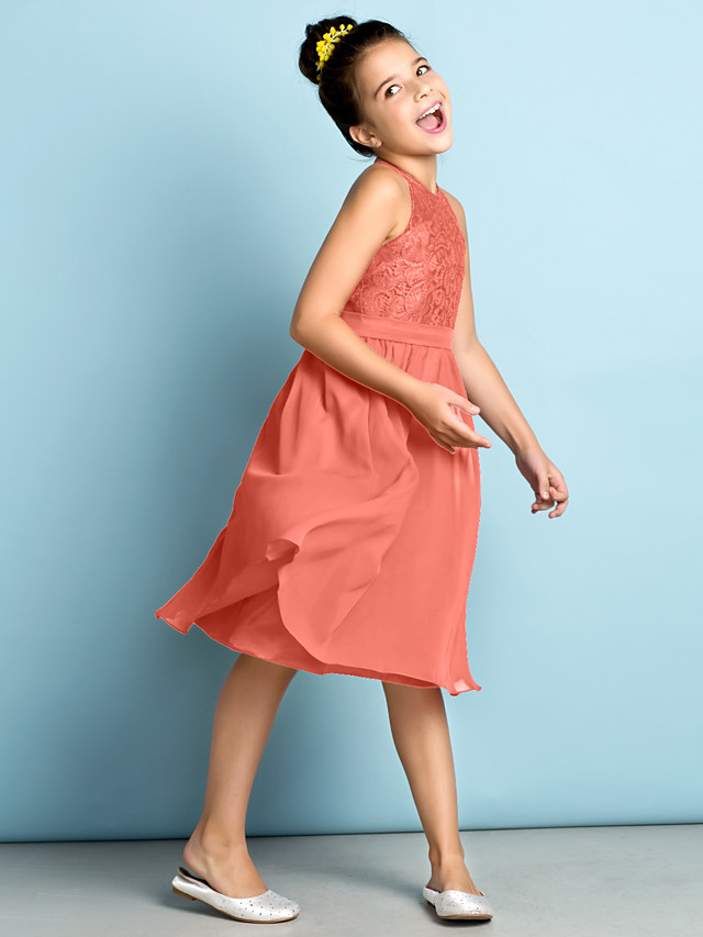 Daisda A-Line Jewel Neck Knee Length  Flower Girl Dress With Lace 