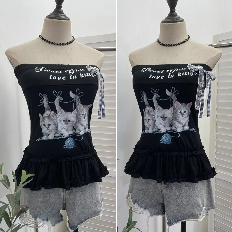 Nigikala Nigikala Kitten Print Bow Sweetheart Hottie With Chest Pads With Chest Bra Vest Wooden Ear Top 1270