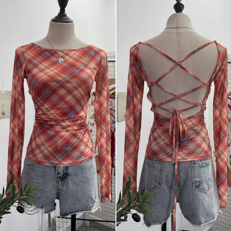 Uveng Vintage Print Repair Body Clothes Bump Color Mesh Strapd To The Big Bare Back Long-Sleeved Bottom Shirt T-Shirt 9939