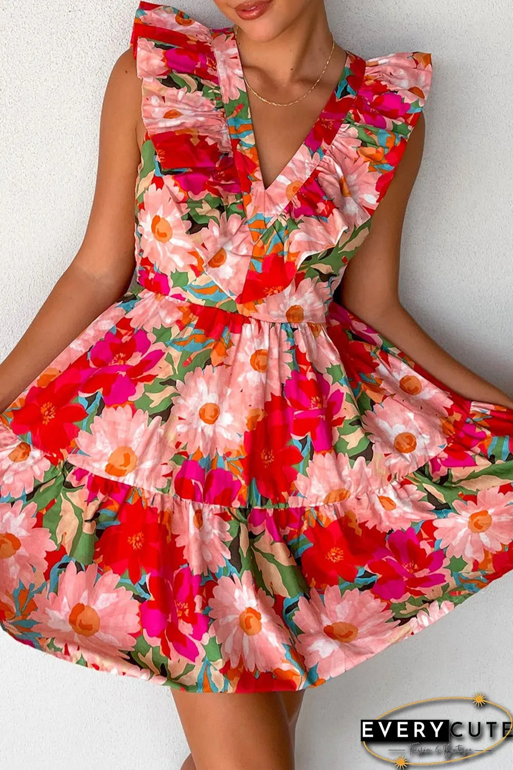 Red Floral Sleeveless V Neck Frill Mini Dress