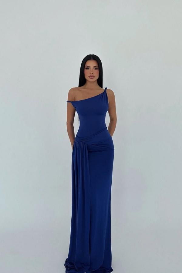 Ovlias Royal Blue Spaghetti Strap Asymmetric Prom Dress Mermaid with Pleated JQ0056