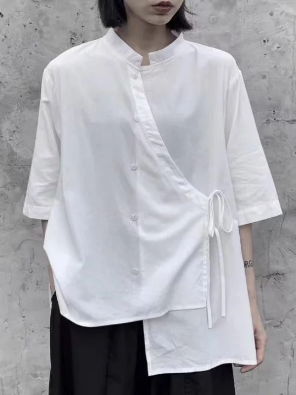 Loose Raglan Sleeve Asymmetric Buttoned Solid Color Tied Stand Collar Blouses&Shirts Tops
