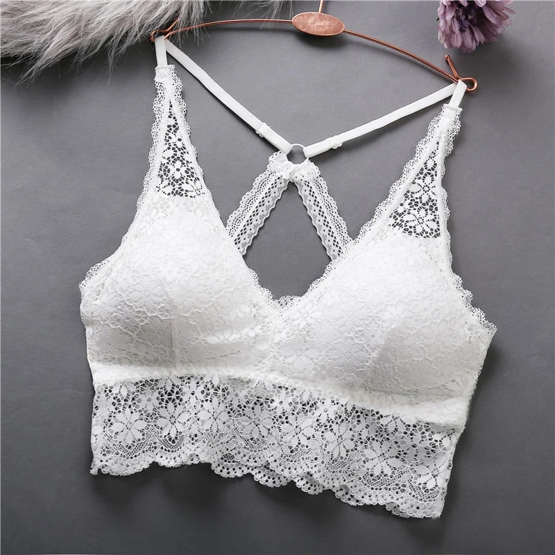 FINETOO Sexy Lace Women Cross Strap V-Neck Short Tops Seamless Bralette Underwear Push Up Padded Lingerie Femme Cropped Bra Top