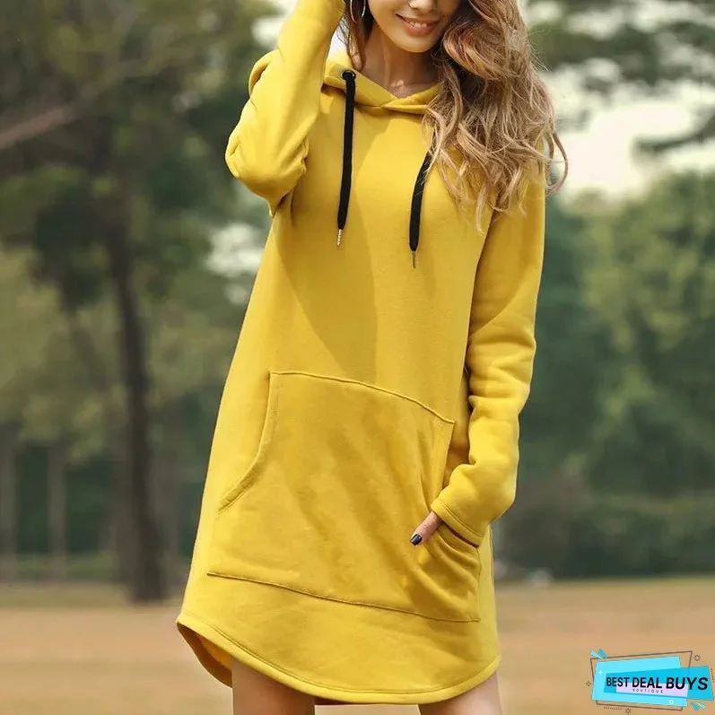 Casual Loose Solid Women Hoodies Long Style Sweatshirt Casual Pocket Oversized Hoodie kpop Hoody Dress Pullover