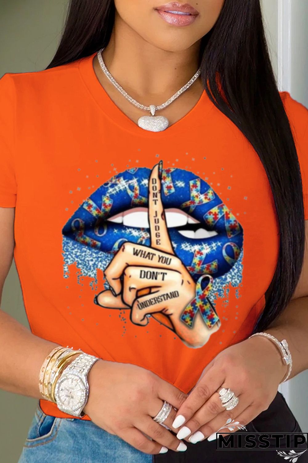 Orange Fashion Casual Lips Printed Patchwork O Neck T-Shirts