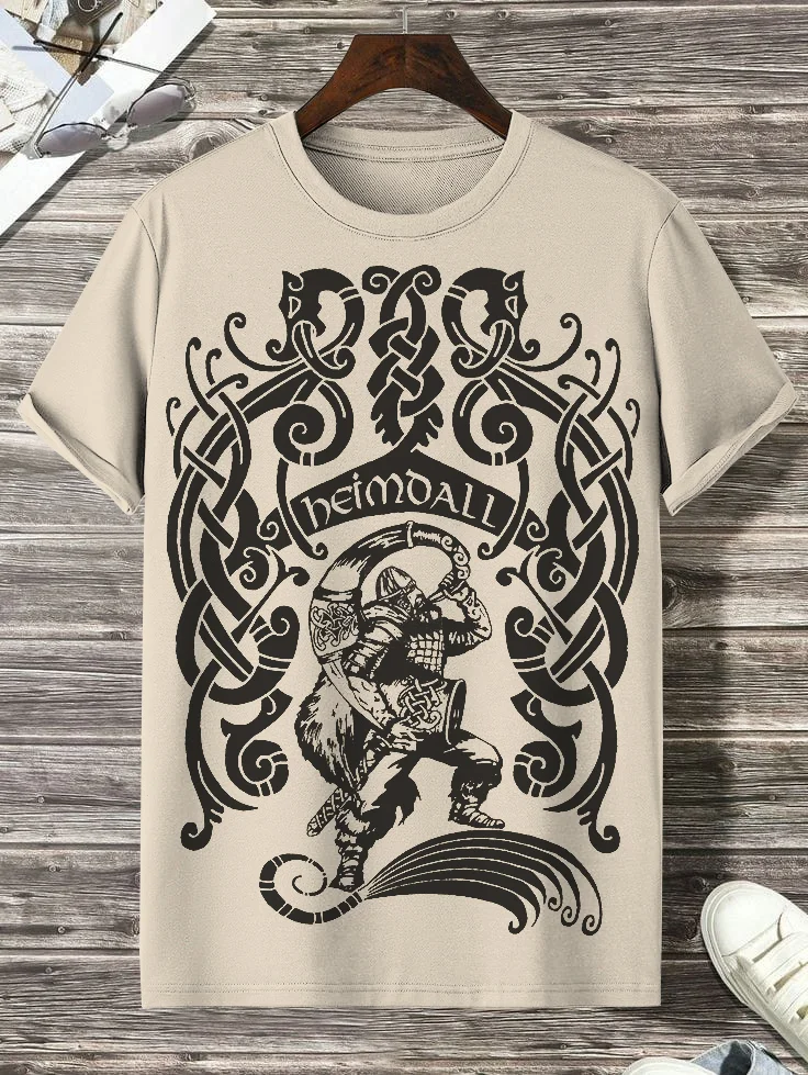 100% Cotton Men's Viking Warrior Vintage Totem Print  Casual T-Shirt