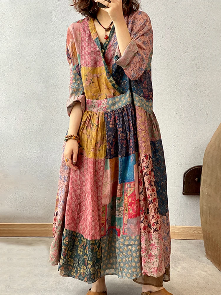 Vintage Allover Floral Pattern V Neck Loose Midi Dress