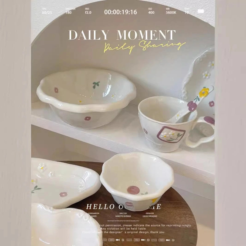 Embossed Fruit Air Cake Plate Household Ceramic Tableware Rice Bowl Disc Deep Plate Cream Color Cute High Face