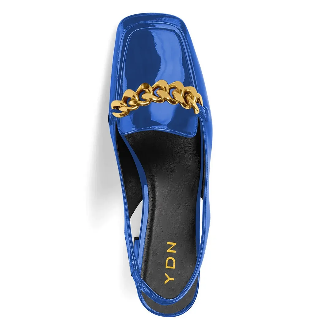 Blue Patent Leather Square Toe Slingback Heels with Chain Accent