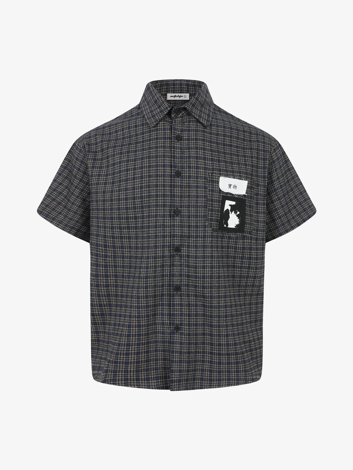 Navy Blue Act Chic Plaid Graffiti Patch Pocket Short Sleeve Shirt Front