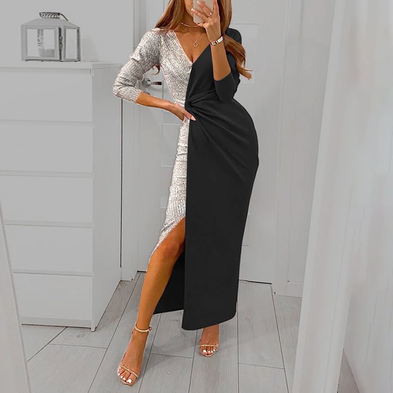 Fashion V-neck Long Sleeve Slit Paneled Oversize Maxi Dresses For Women MusePointer