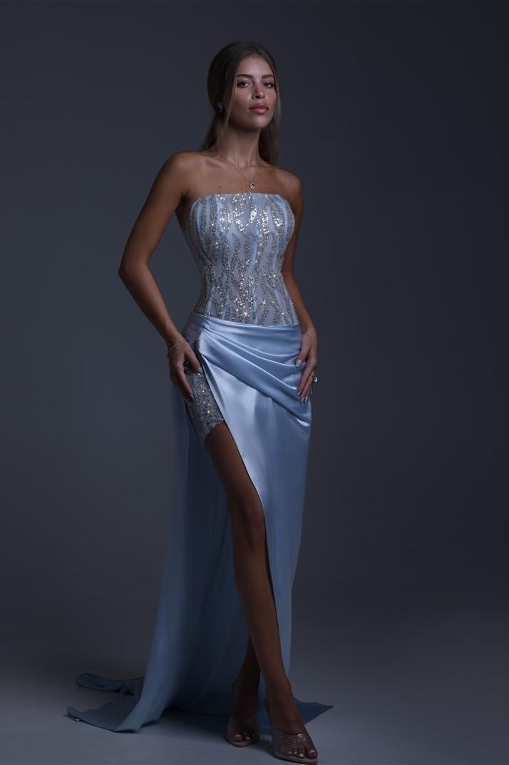 Lussooy Blue Satin Elegant Strapless Sleeveless Two Piece Long Prom Dress with Beadings 