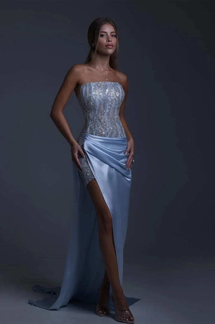 Miabel Elegant Blue Satin Strapless Two Piece Sleeveless Long Prom Dress with Beadings