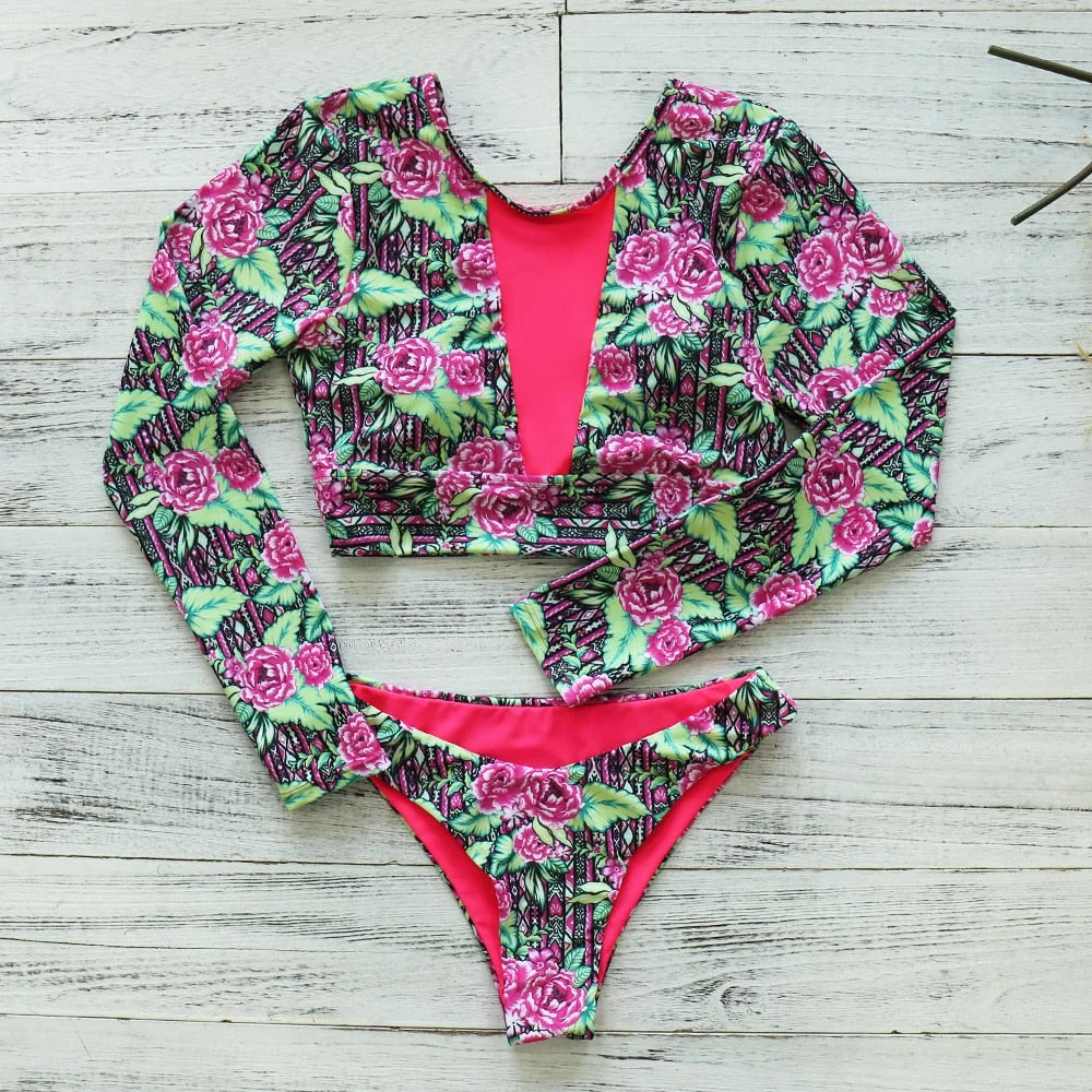 2020 New Sexy Long Sleeve Bikinis Women Swimsuit Green Leaves Print Bathing Suits Beachwear Brazilian Bikini Set Biquini Female