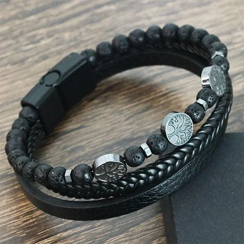 Tree of Life Leather Braided Wrap Volcanic Beaded Bracelets