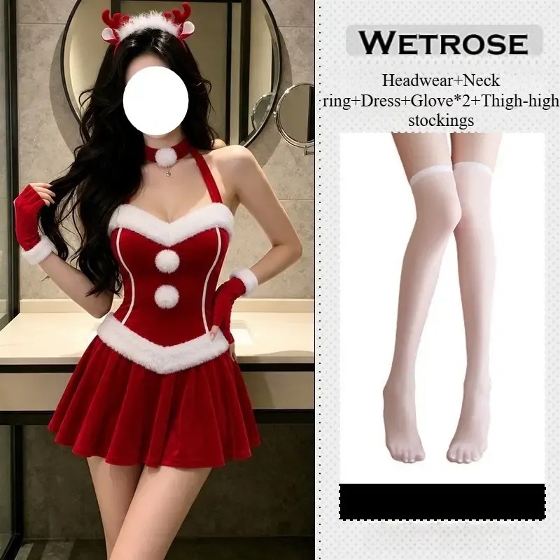 [Wetrose] In Stock Red Velvet Dress With Reindeer Antler Headband Gloves Choker Christmas Party Outfit Cosplay Costume Xmas