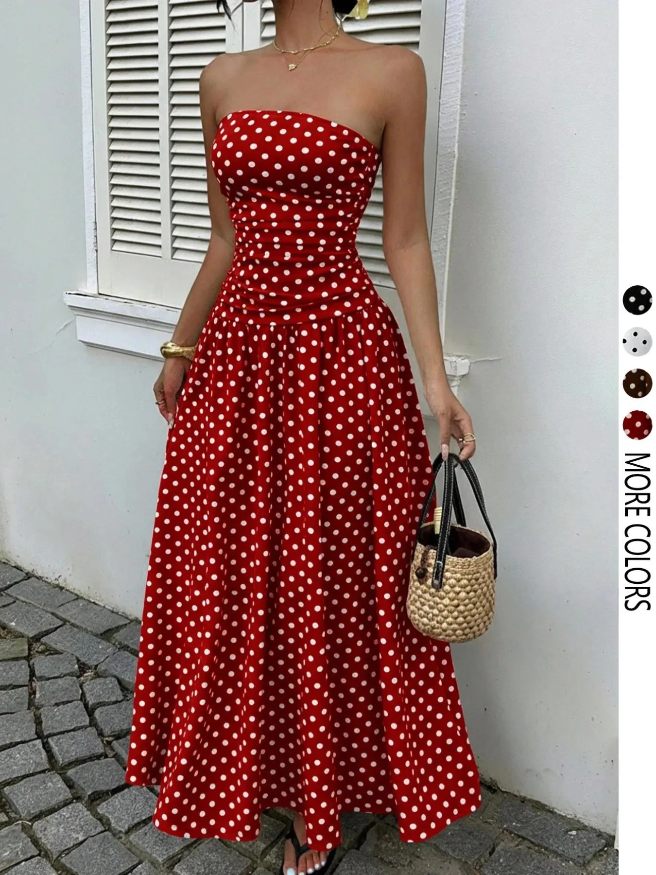 Women's Elegant Chic Fashion Polka Dot Strapless Dress, Stylish Sleeveless Maxi Dress for Parties and Casual Wear Womenswear, Elegant Evening Dress, Formal Dress