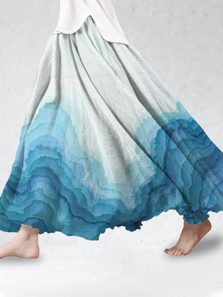 Tie Dye Sea Wave Cotton Linen Flowy Skirt