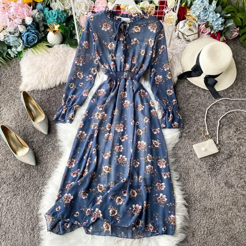 Floral Print Mid-Calf Dress Women Long Sleeve O neck Bow Ruffle Chiffon Dresses Female Casual Vintage Print Dress vestidos mujer