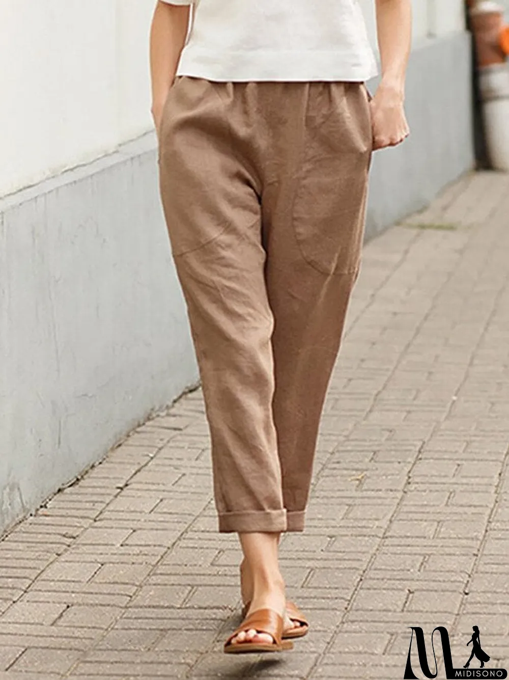 MidiSono - Women's Cotton Linen Solid Color Casual Pants