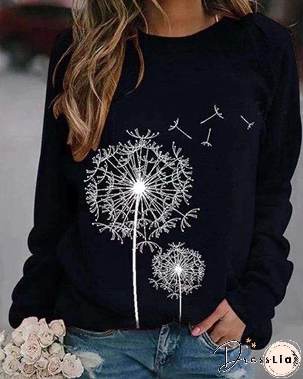 Dandelion Printed Round Neck Casual Loose Sweater