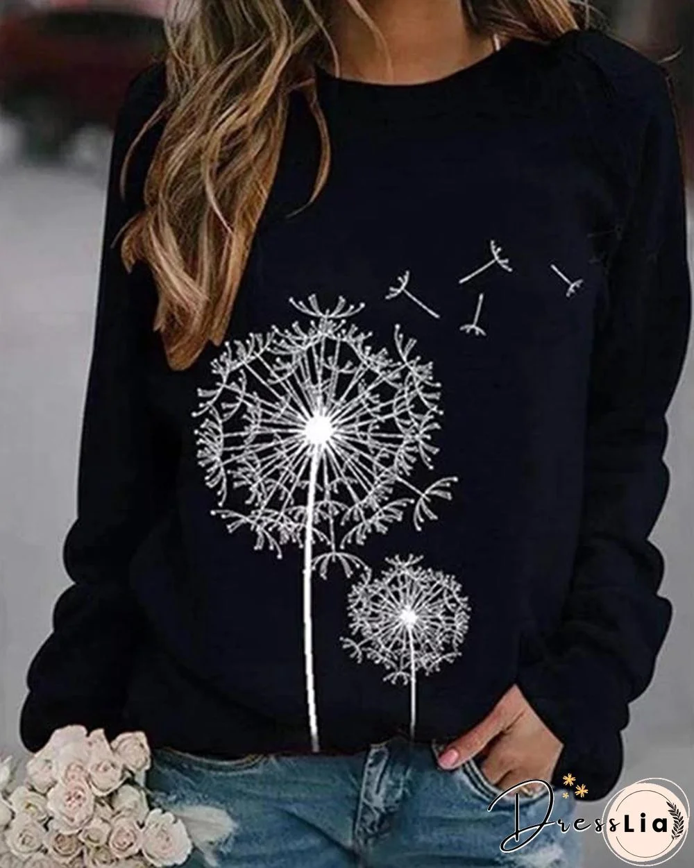 Dandelion Printed Round Neck Casual Loose Sweater
