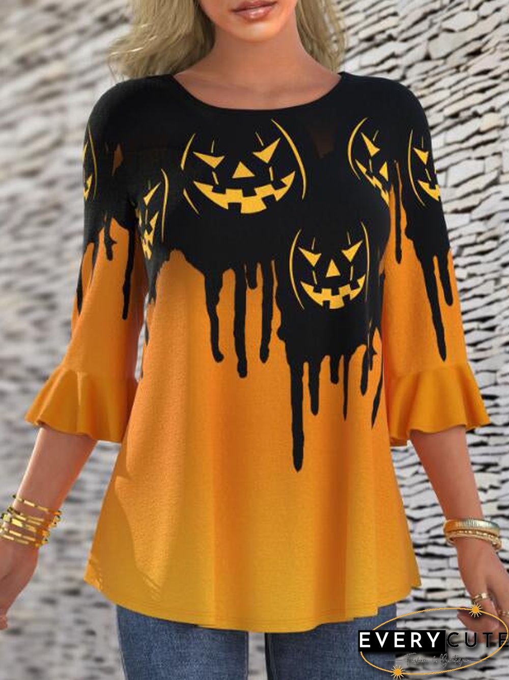 Halloween Mandarin Sleeve Pumpkin Top