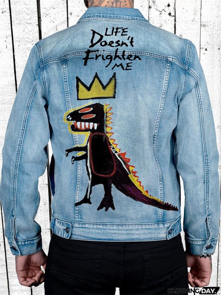 Stylish Crown Dinosaur Print Denim Jacket for Men