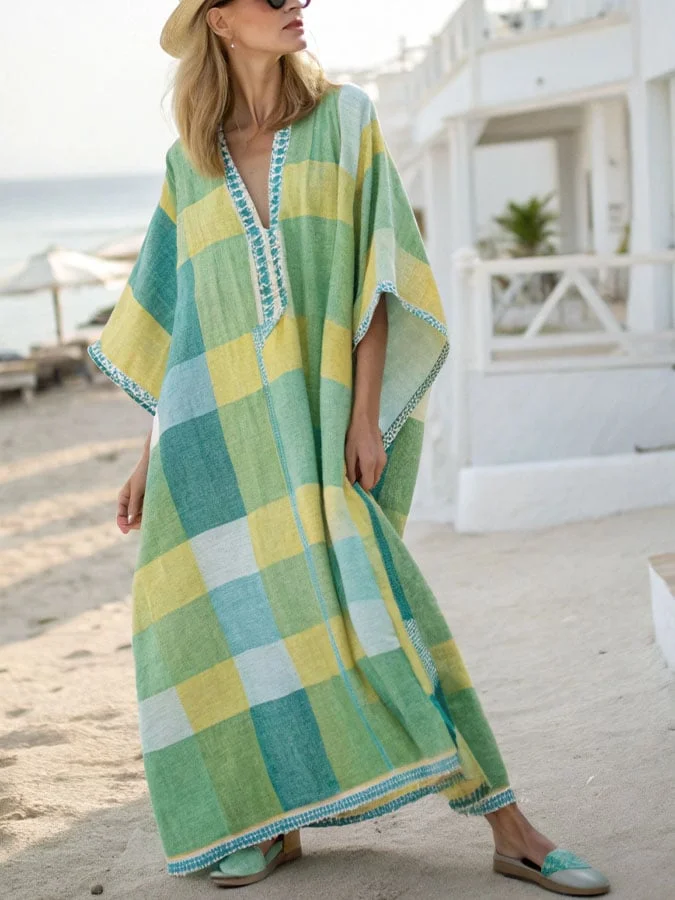 Women'S Holiday Casual V-Neck Half-Sleeve Contrast Color Plaid Print Cotton And Linen Dress 