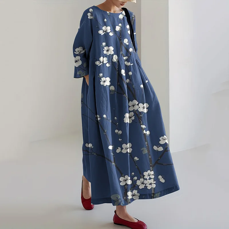 Women Floral Art Printed Casual Crew Neck Midi Dress