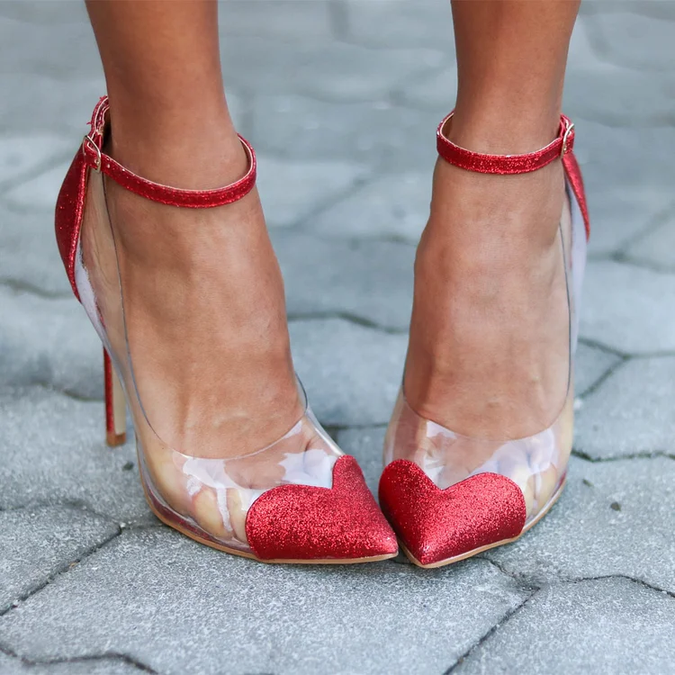 Red Glitter Pumps Heart-shaped Pointed Toe Ankle Strap Clear Heels |FSJ Shoes