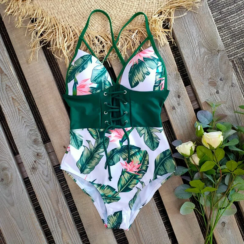 2021 New Abdomen Control Wasit Push Up Swimsuit Print Swimwear Vintage Retro Bathing Suits Bodysuit Beach Wear Backless XXL